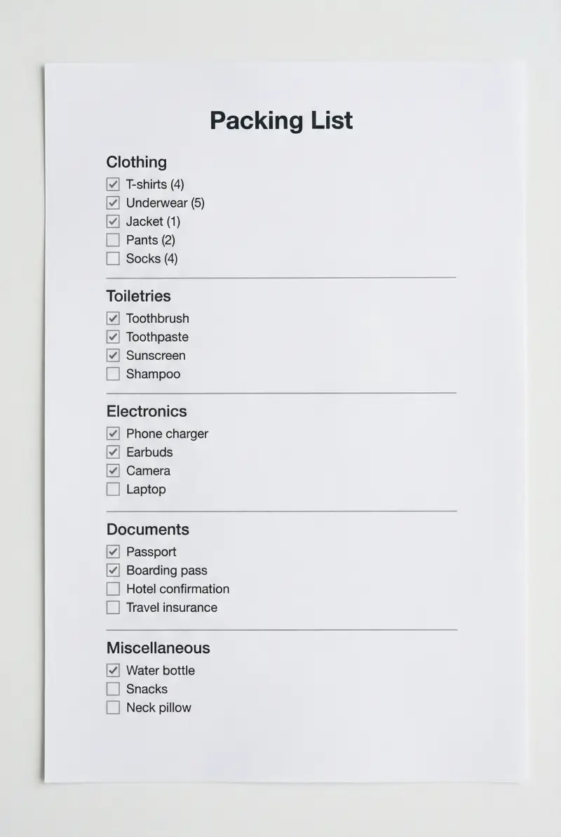 Preview of Packing List