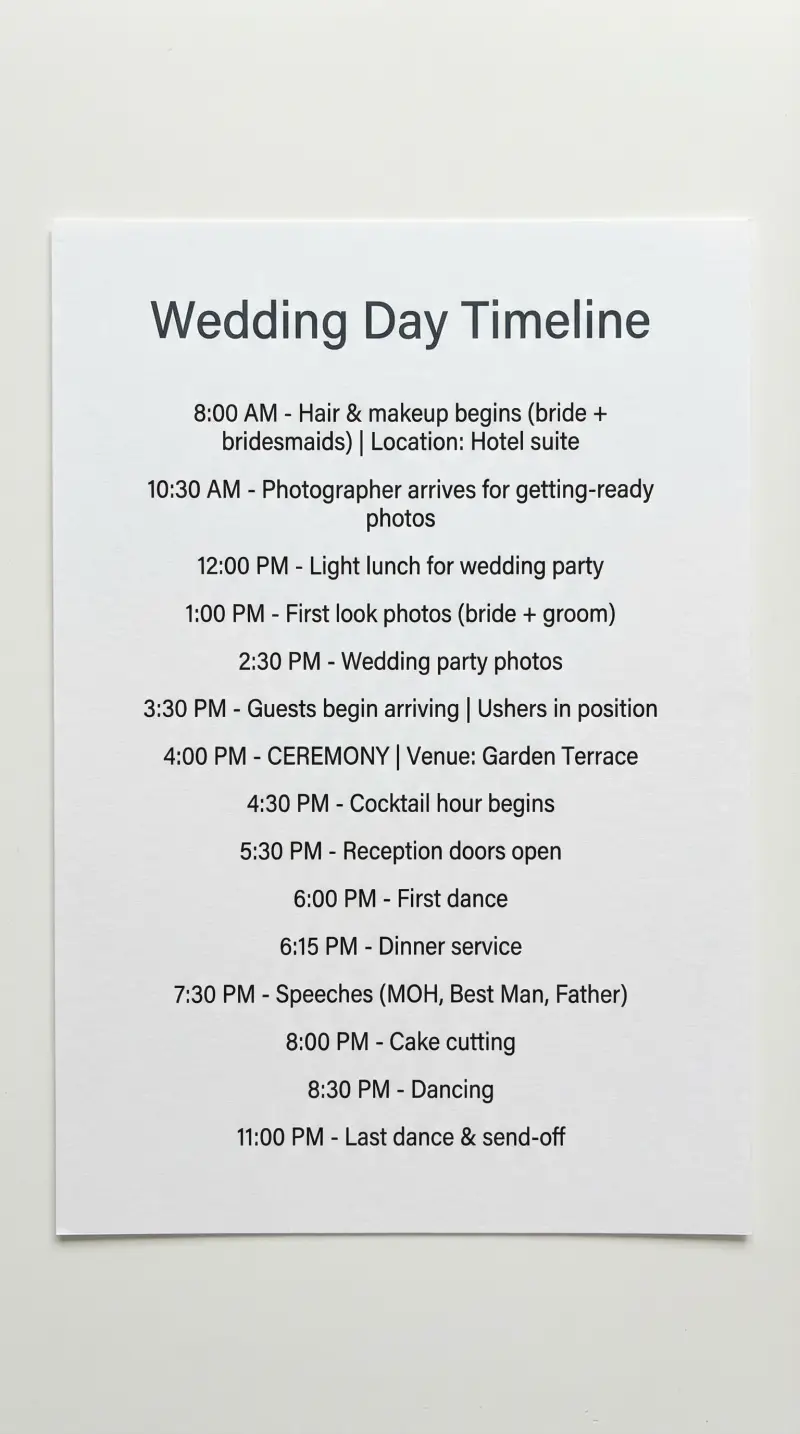 Preview of Wedding Day-of Timeline