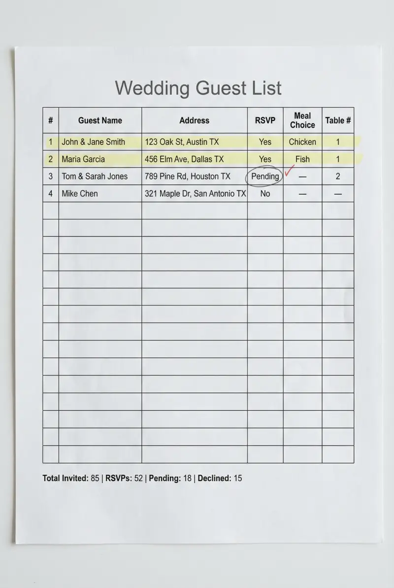 Preview of Wedding Guest List Printable with example data filled in