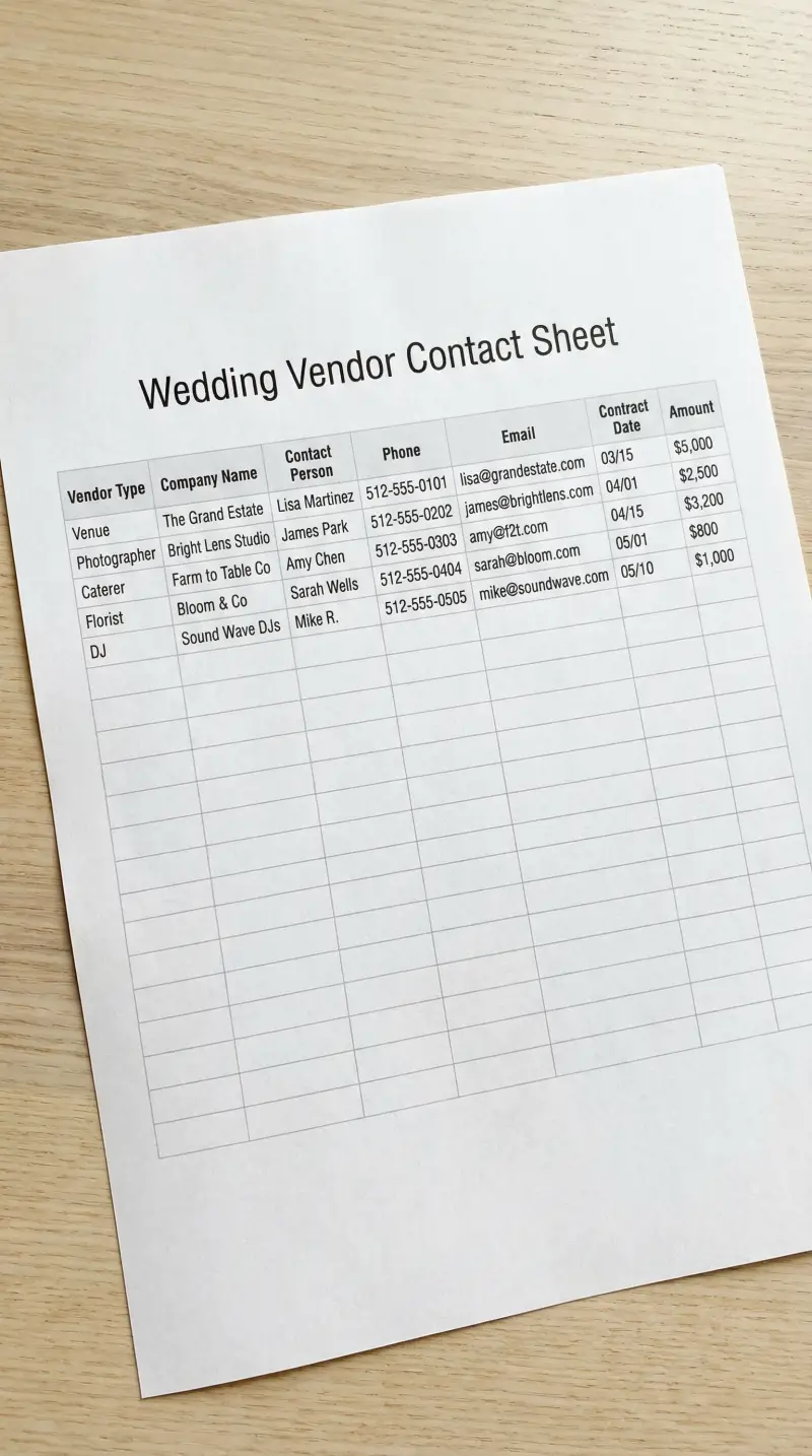 Preview of Wedding Vendor Contact Sheet