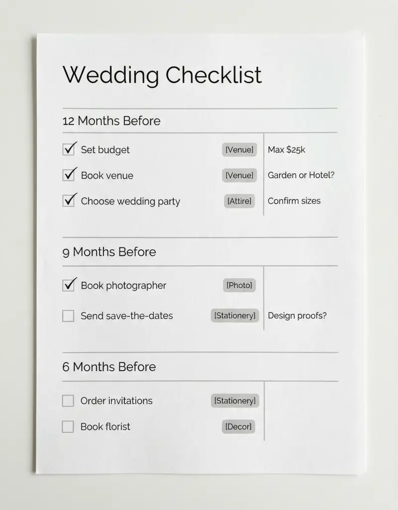 Preview of the Wedding Checklist printable with timeline sections and example tasks